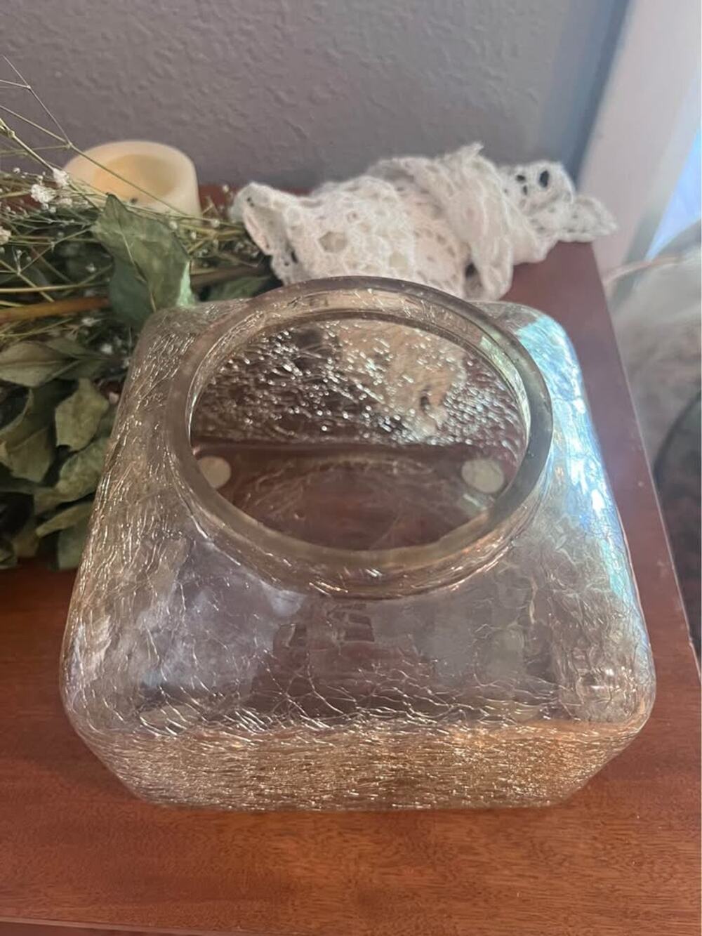 Vintage Yellow Crackle Glass Square Vase